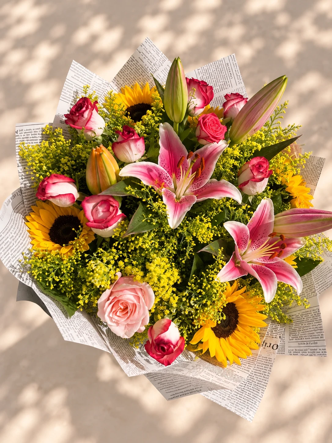 Ramo grande de lirios, rosas y girasoles, rosado