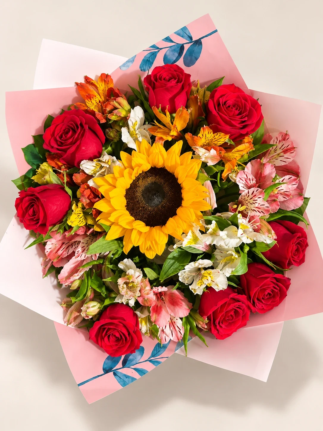 Girasol, rosas rojas y astromelias