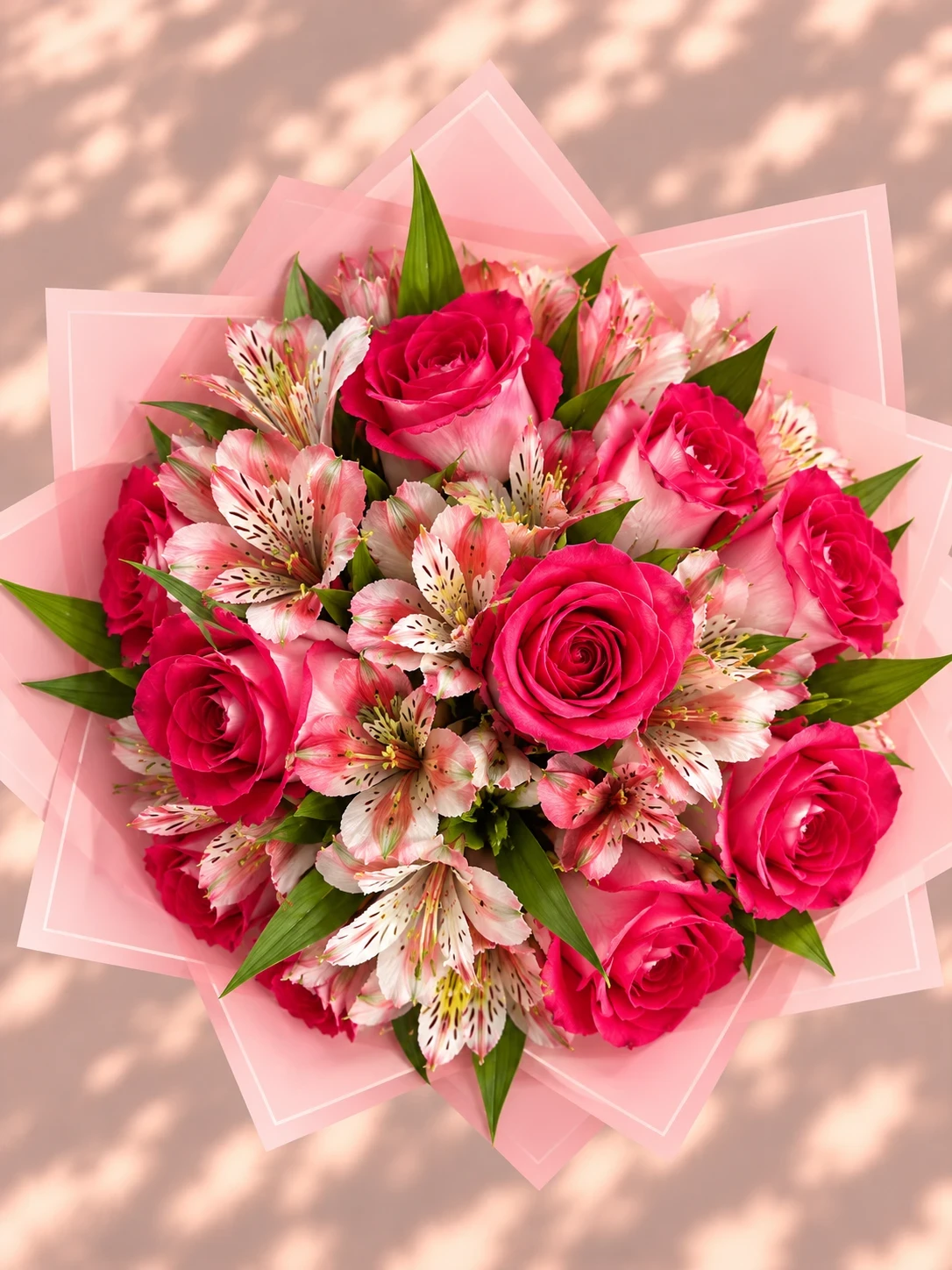 Rosas fucsia con astromelias